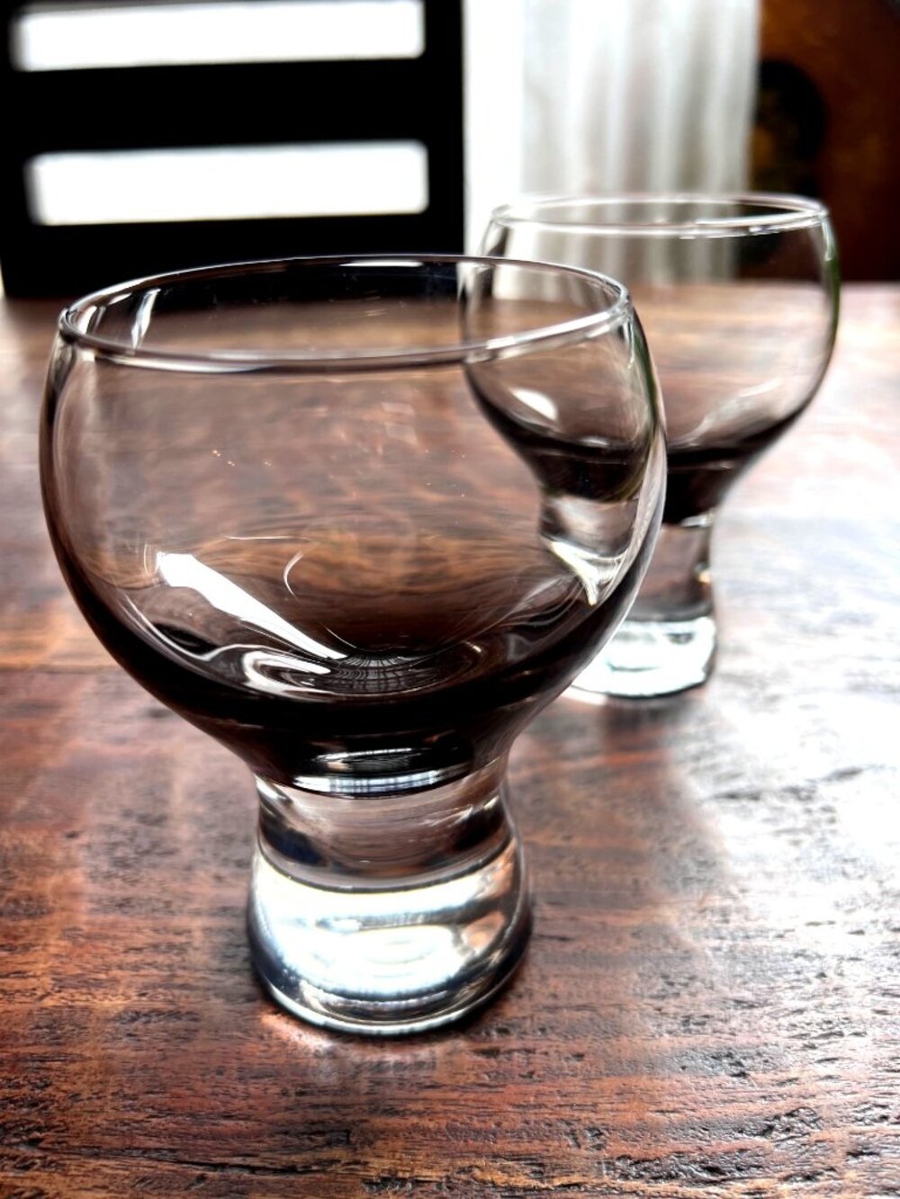 Set Of Two Smoked Glass Mid Century Cocktail Glasses With Heavy Bases